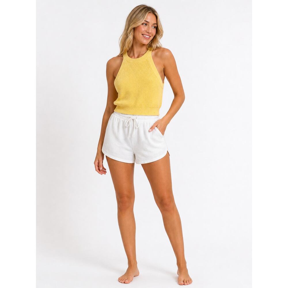 Womens Yellow Ribbed Halter Tank Top Cropped Knit Forever21 Large